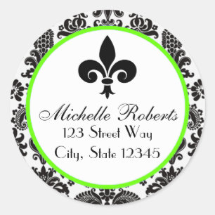 Black & Lime Damask Fleur De Lys Address Label