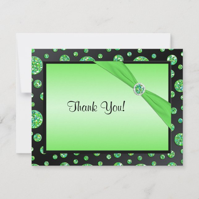 Black, Lime Glittery Polka Dot Thank You Card (Front)