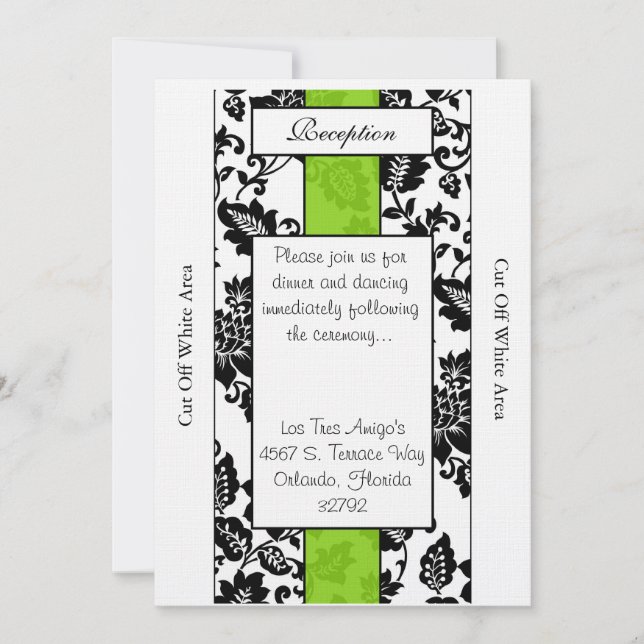 Black/Lime Green Floral Damask Reception Card (Front)
