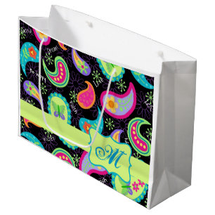 Black Lime Green Monogram Personalized Paisley Large Gift Bag