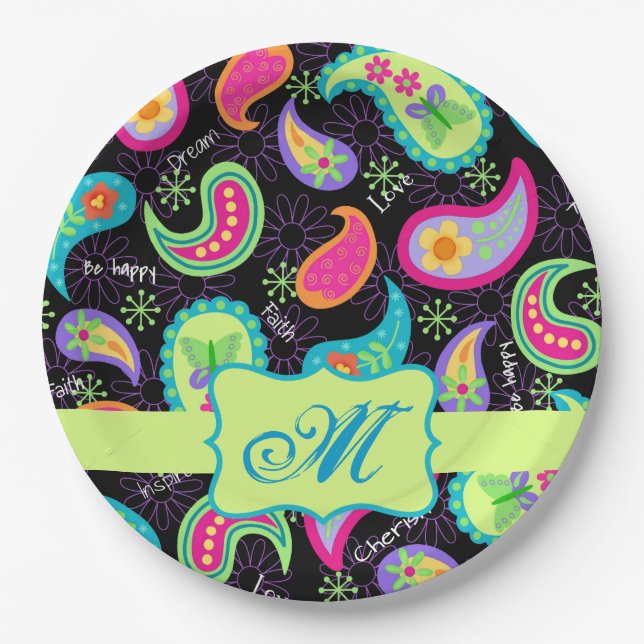 Black Lime Green Monogram Personalized Paisley Paper Plate (Front)
