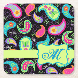 Black Lime Green Monogram Personalized Paisley Square Paper Coaster