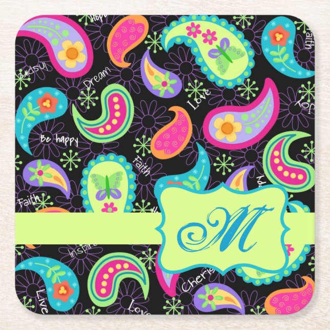 Black Lime Green Monogram Personalized Paisley Square Paper Coaster (Front)