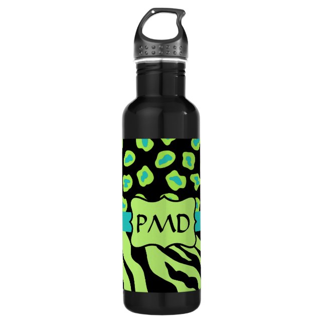 Black, Lime Green & Turquoise Zebra & Cheetah Skin 710 Ml Water Bottle (Front)