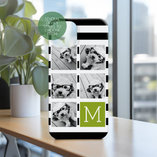 Black Lime Striped Photo Collage Custom Monogram iPhone 16 Case