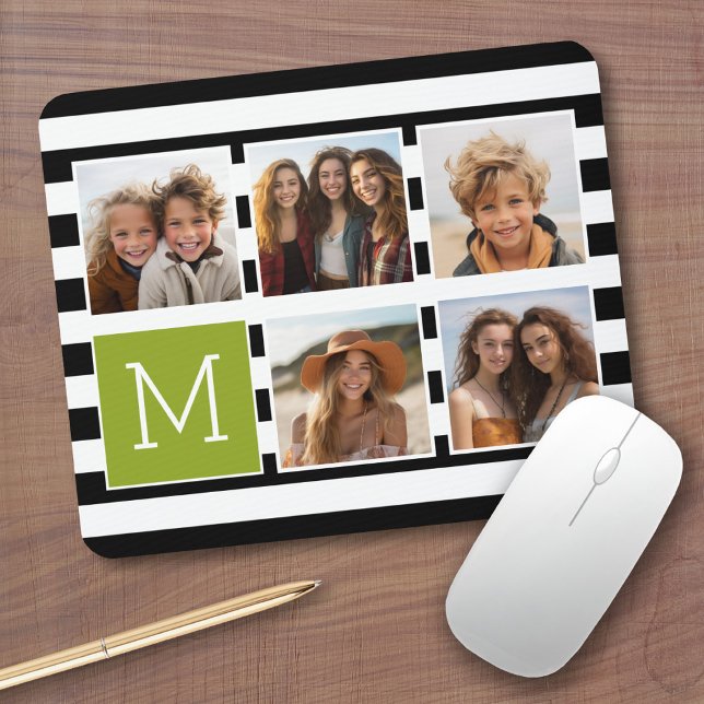 Black Lime Striped Photo Collage Custom Monogram Mouse Pad (Personalized mousepad - Add Photos and Custom Text)