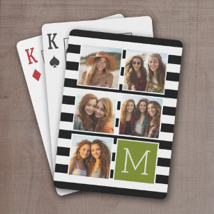 Black Lime Striped Photo Collage Custom Monogram Playing Cards