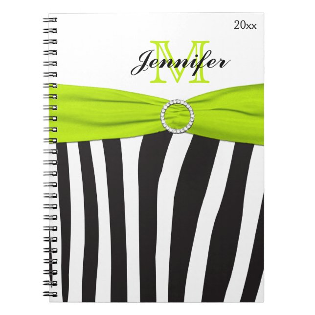 Black Lime White Zebra Striped Notebook (Front)