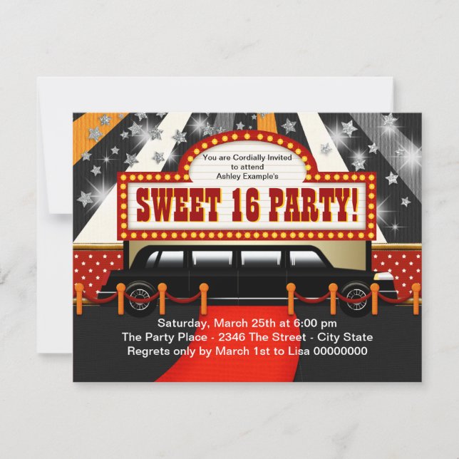 Black Limo Movie Star Sweet 16 Party Invitation (Front)