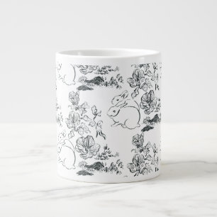 Black Line Art Cute Rabbit and Flower Large Coffee Mug
