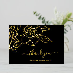 Black Line Art Floral Wedding Thank You Card