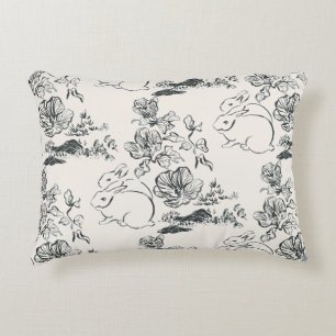 Black Line Art Rabbit and Flower Asian Style   Accent Pillow