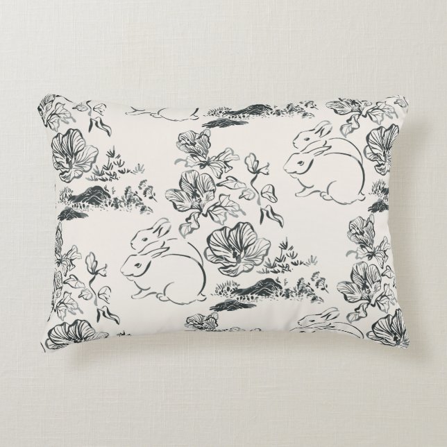 Black Line Art Rabbit and Flower Asian Style   Accent Pillow (Front)