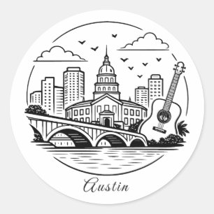 Black line Austin illustration Classic Round Sticker