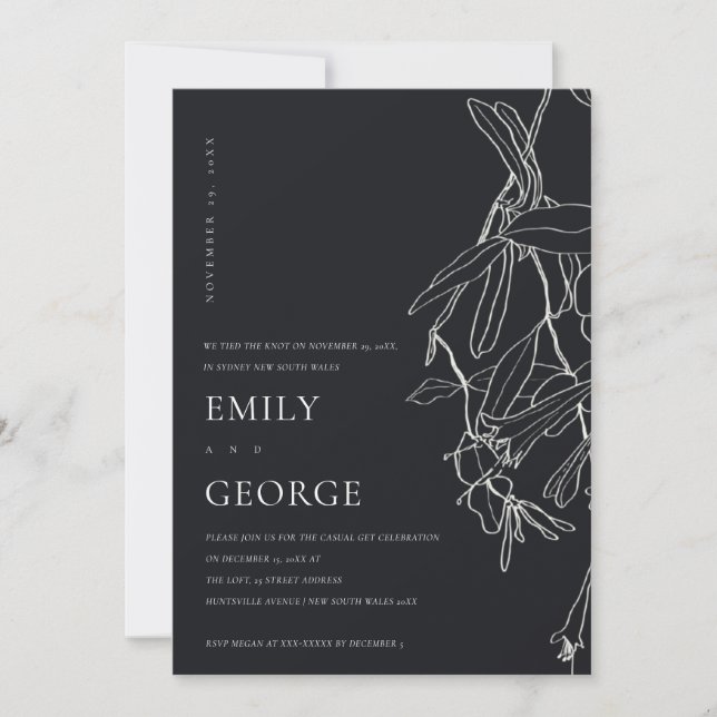 BLACK LINE DRAWING FLORAL WE TIED THE KNOT INVITE (Front)