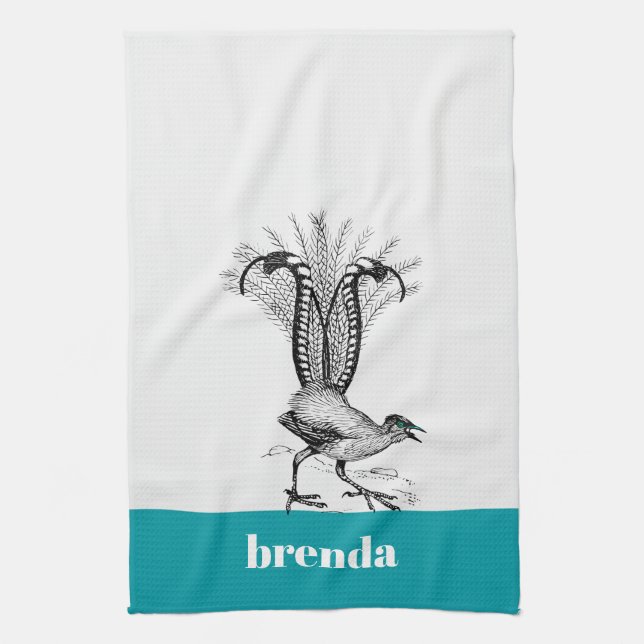 Black line drawing- LyreBird Kitchen Towel (Vertical)