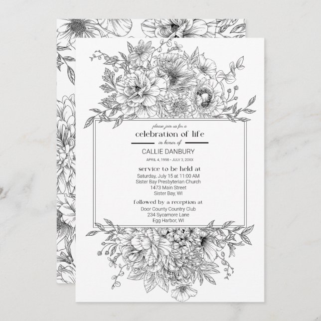 Black Line Florals Funeral Celebration of Life Invitation (Front/Back)
