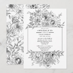 Black Line Florals Funeral Celebration of Life Invitation