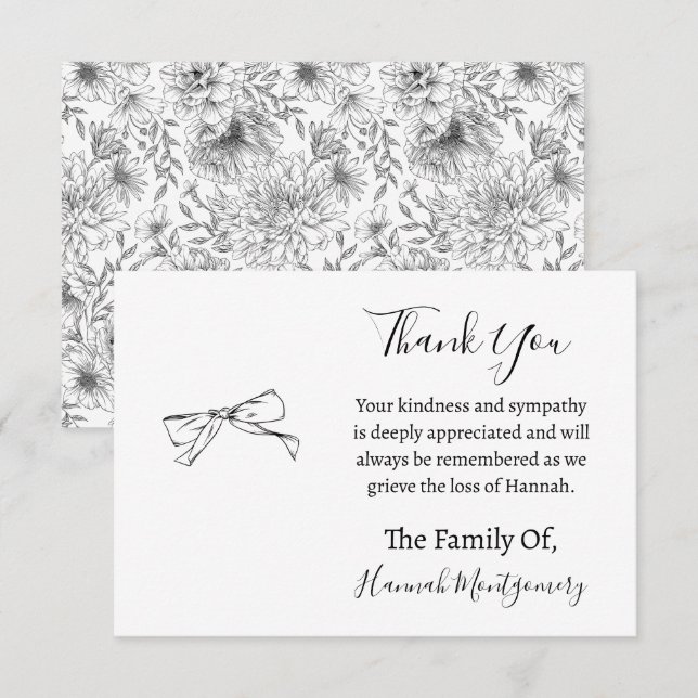 Black Line Florals Funeral Sympathy Thank You Card (Front/Back)