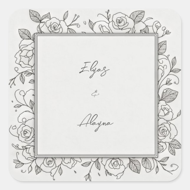 Black Line Minimalist Rose Frame Wedding Square Sticker (Front)
