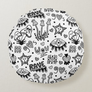 Black line psychedelic hand drawn seamless pattern round pillow