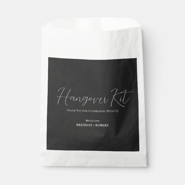 Black linen Simple Script Hangover Recovery Kit Favour Bag (Front)