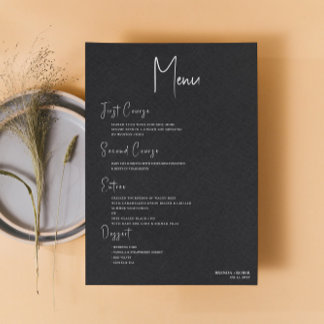 Black linen Simple White Script Wedding Menu Invitation