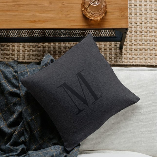 Black linen texture monogram throw pillow (Creator Uploaded)