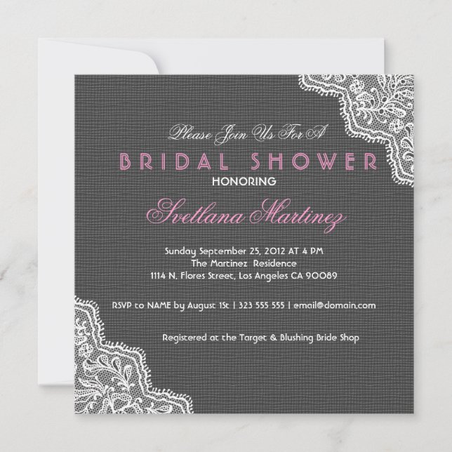 Black Linen & White Lace Bridal Shower Invite (Front)