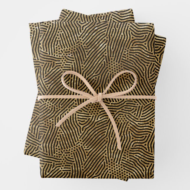 Black Lines Dots Gold Faux Foil Wrapping Paper Sheet (In situ)