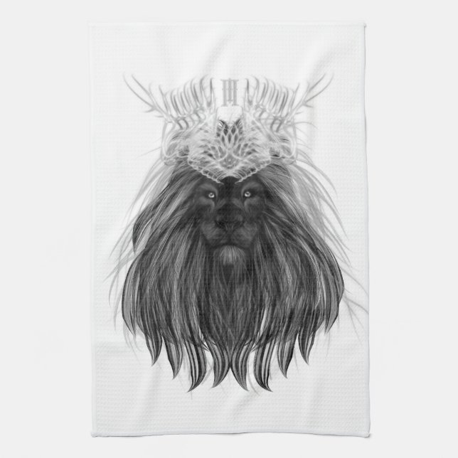 Black Lion with Antlers Crown and Monogram Kitchen Towel (Vertical)