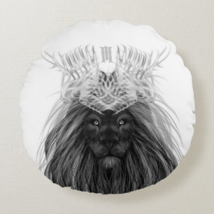 Black Lion with Antlers Crown and Monogram Round Pillow