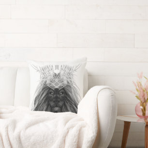 Black Lion with Antlers Crown and Monogram Throw Pillow