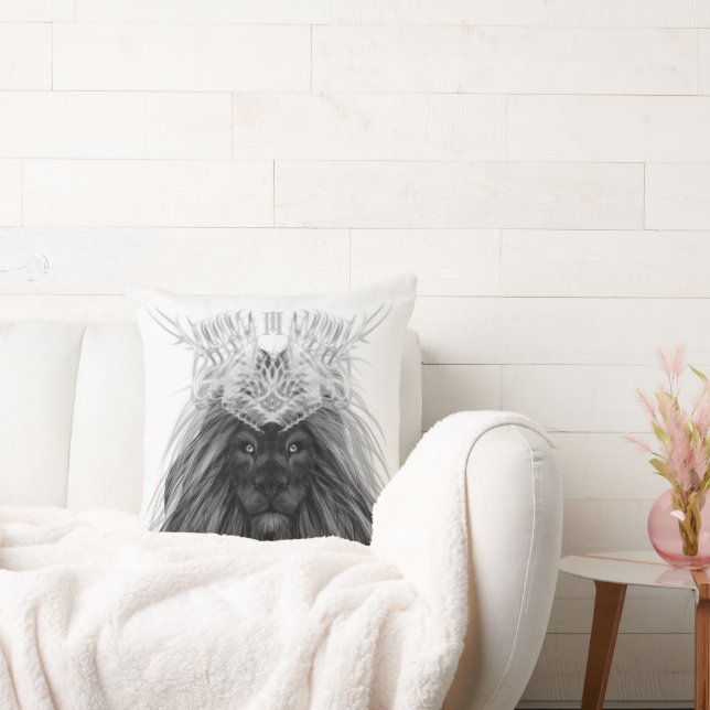 Black Lion with Antlers Crown and Monogram Throw Pillow (Couch)