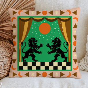 Black Lions on Green Celestial Chequered Folk Art Throw Pillow