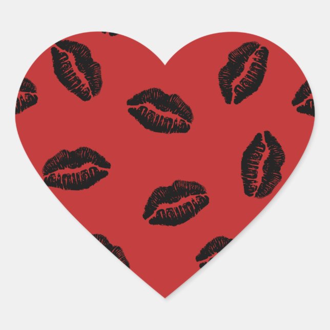 Black Lips Pattern on Red Background Heart Sticker (Front)