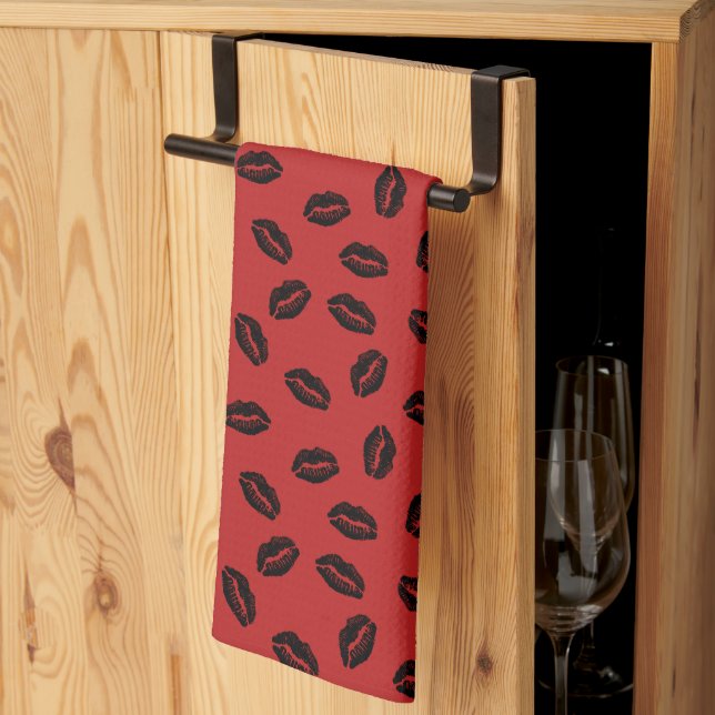 Black Lips Pattern on Red Background Kitchen Towel (Thirds Fold)