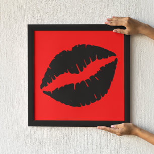 Black Lipstick Kiss Graphic on Red Poster