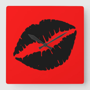 Black Lipstick on Red Square Wall Clock