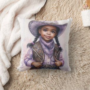 Black Little Girl In Purple Cowgirl Fashion Throw Pillow