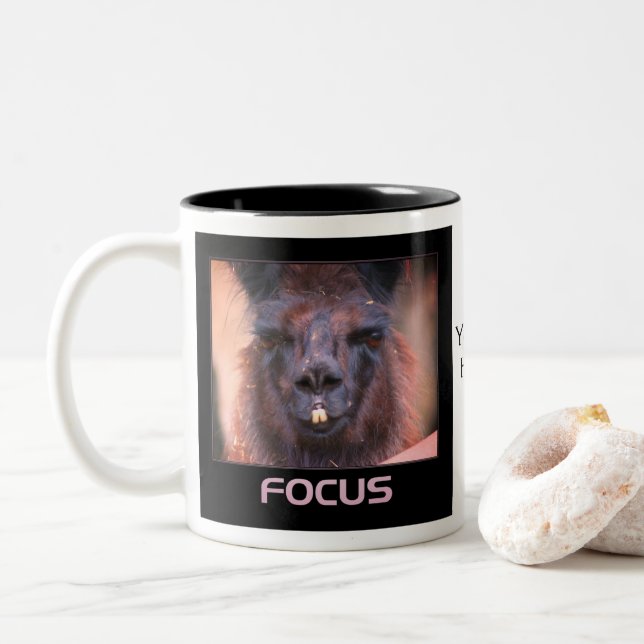 Black Llama Focus Inspirational Words Two-Tone Coffee Mug (With Donut)