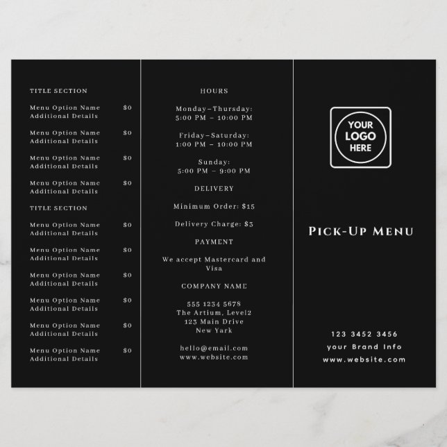 Black Logo Takeaway Menu | Custom Restaurant To-Go (Front)