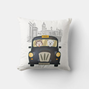 Black London Taxi Cab driven by Dogs Pillow