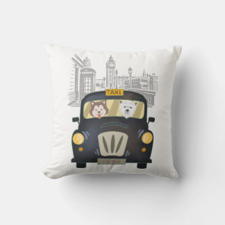 Black London Taxi Cab driven by Dogs Pillow