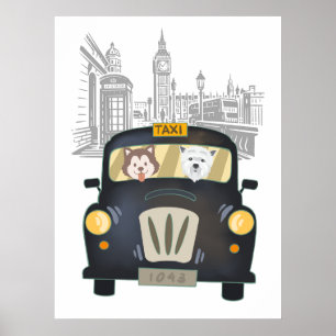 Black London Taxi Cab driven by Dogs Poster