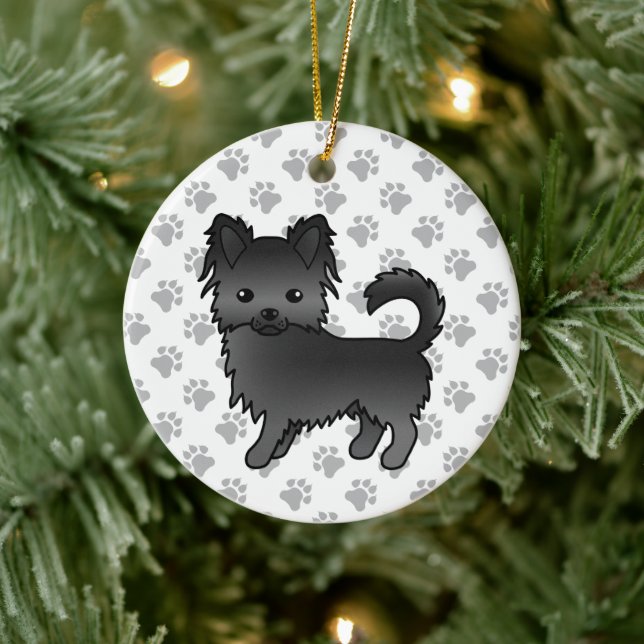 Black Long Coat Chihuahua Cartoon Dog & Paws Ceramic Ornament (Tree)