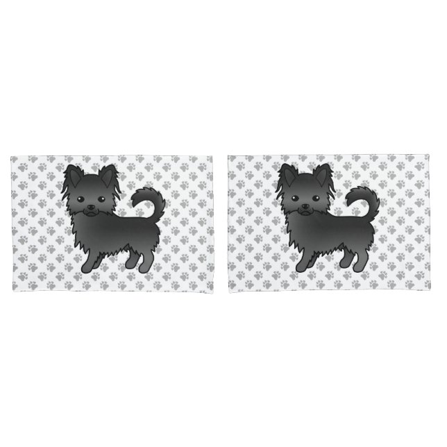 Black Long Coat Chihuahua Cartoon Dog & Paws Pillowcase (Front-Set)