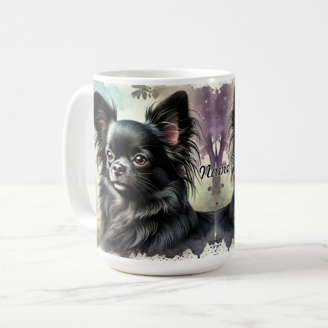Black Long-Haired Chihuahua in Watercolor Coffee Mug (Front Left)