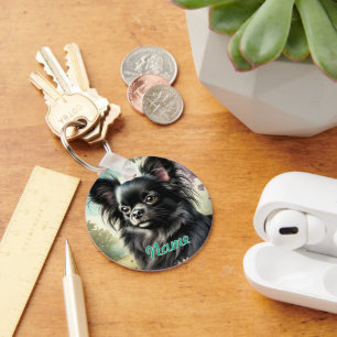 Black Long-Haired Chihuahua in Watercolor Keychain