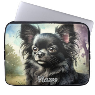Black Long-Haired Chihuahua in Watercolor Laptop Sleeve